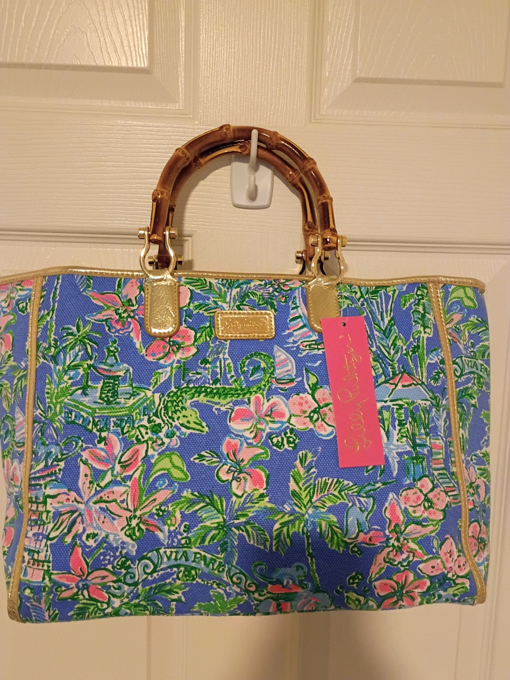 Lilly Pulitzer Boca Blue  Canvas Tote with Bamboo Handles NWT